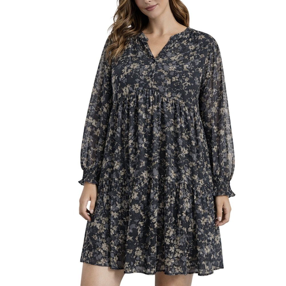 Terra Sky Womens Floral Tiered Dress 0X 14W Long Sleeve V Neck Blue Gray